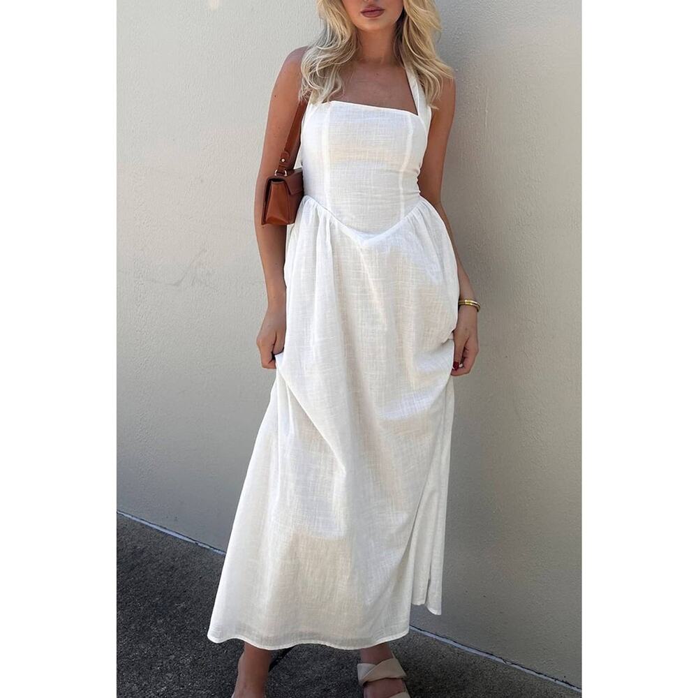 Supreme Fashion Maxi Dress Womens L White Halter Sleeveless Summer Chic NWT